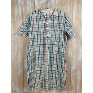 Vermont Country Store Short Sleeve Plaid House Coat Dress Size M Seer Sucker